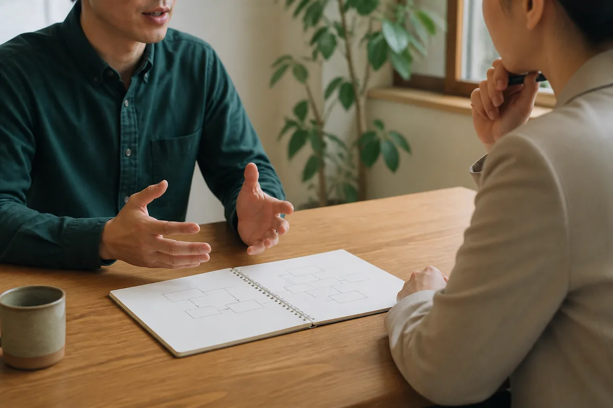 業務の流れを示すノートを挟んで対話する二人