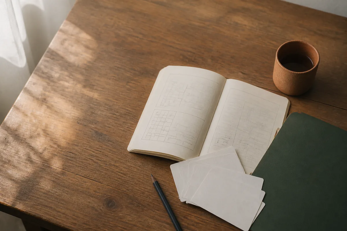 仕事の流れを書き出したノートと机の上の道具